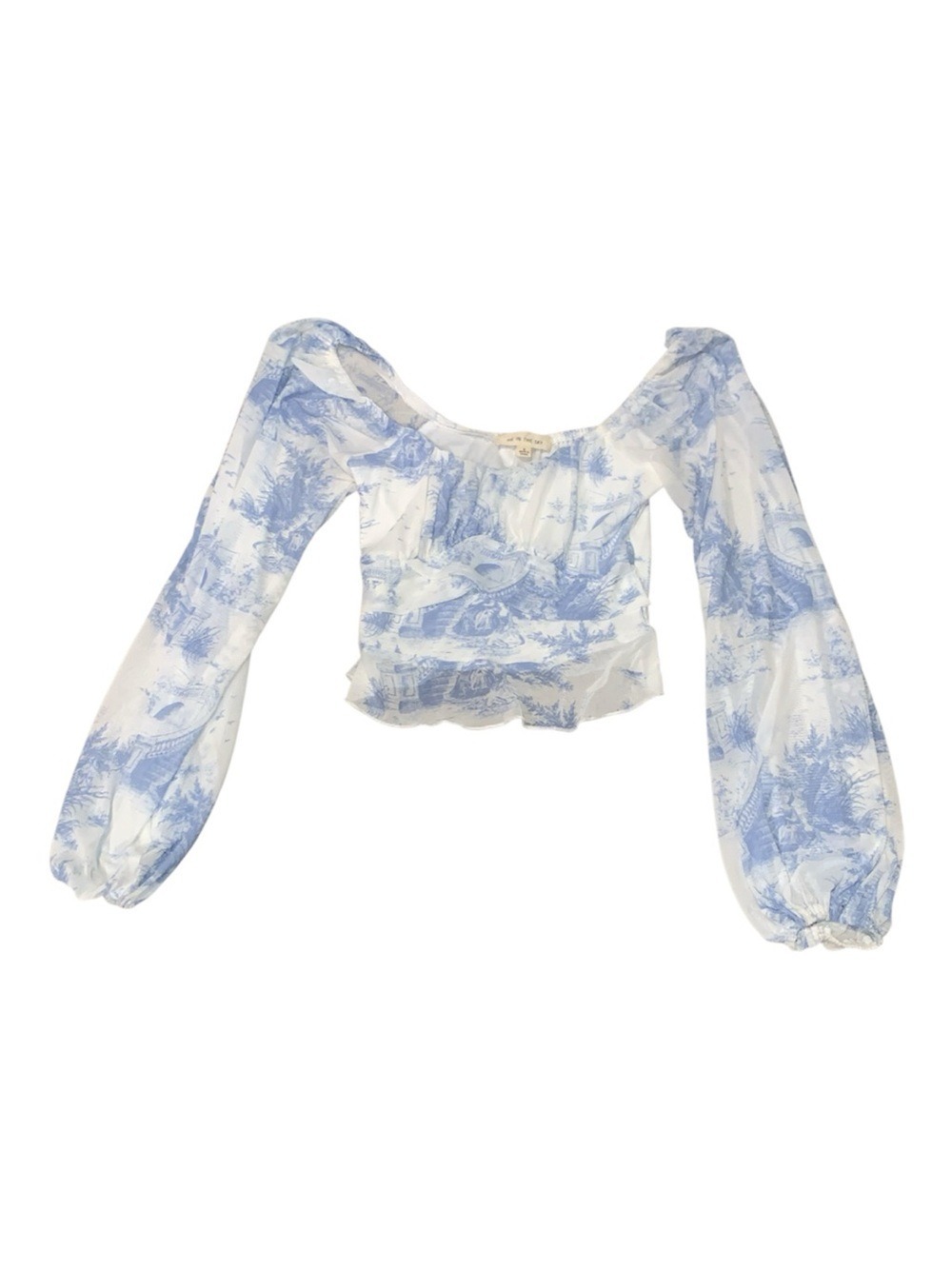 PIE IN THE SKY Light Blue Toile Print Puff-Sleeve Crop Top size small